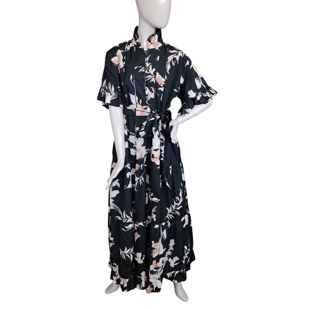 Anthropologie Sue Sartor Maxi Dress Size XL Black and Pink Floral Button Up